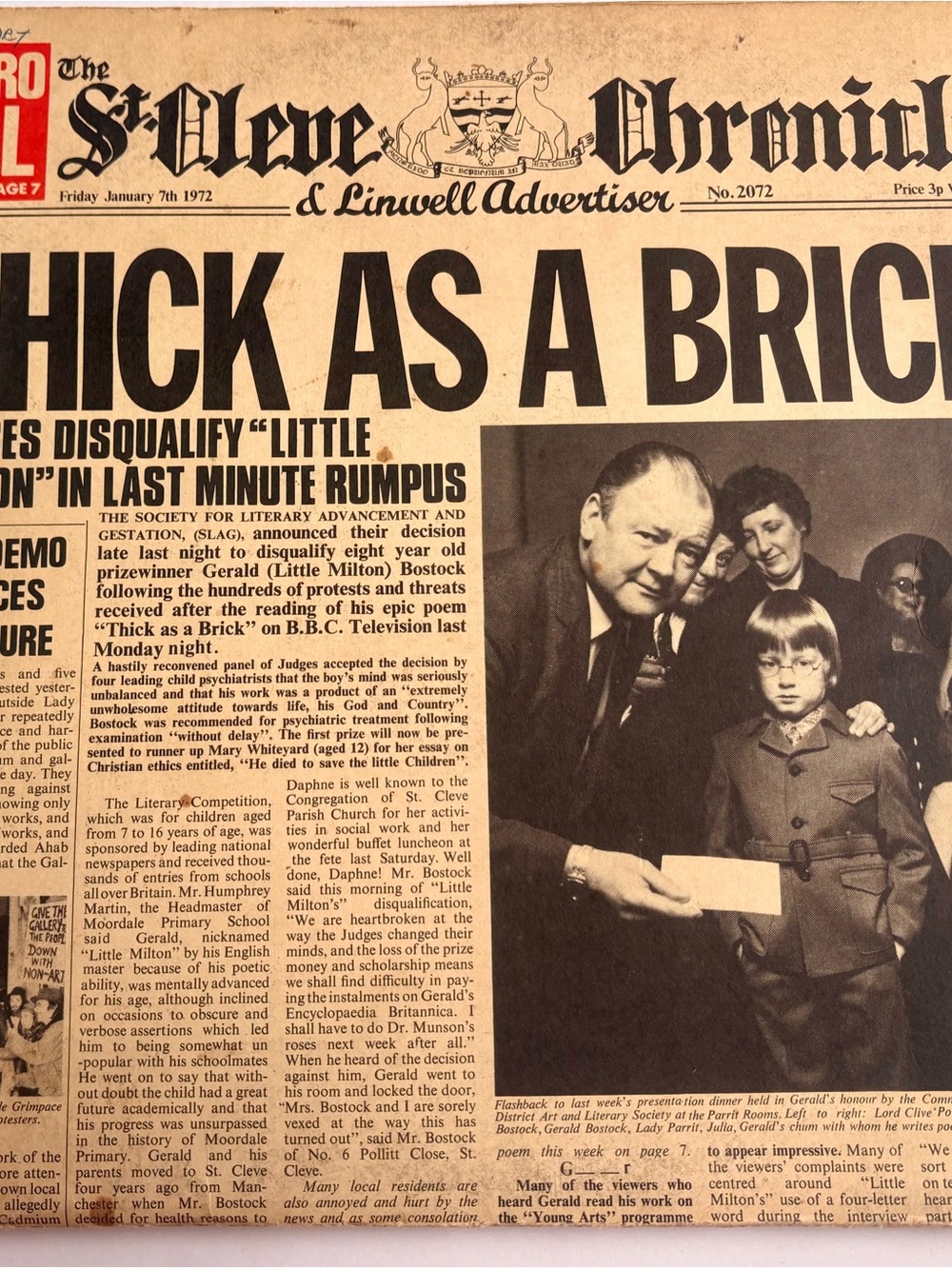 Jethro Tull Thick As A Brick 1972 LP Newspaper Cover Reprise MS 2072 VG VG